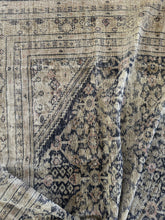 Load image into Gallery viewer, Antique Persian Mahal rug with geometric patterns in navy, blush, taupe, camel, and sand colors, professionally cleaned.