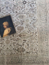 Load image into Gallery viewer, A vintage Kayseri rug with a floral pattern in light taupe, olive, mocha, and dusty lavender colors, featuring an ornate border and a portrait in the corner.