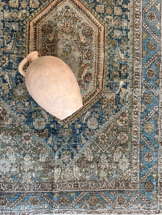 Antique floral Malayer rug with blue tones for entryway, kitchen or bathroom. 